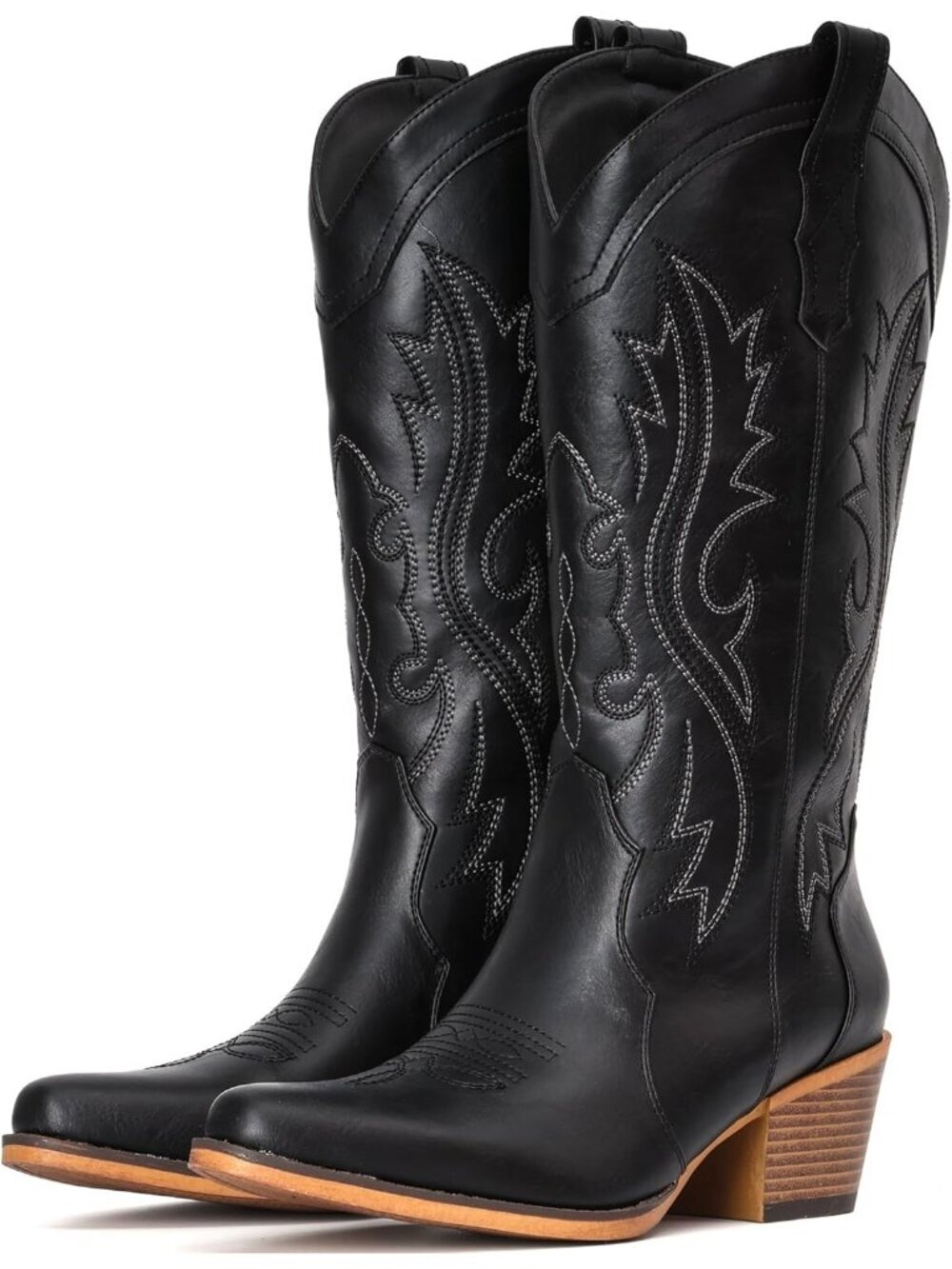 Women’s Black Western Cowboy Boots Mid-Calf Chunky Heel Snip Toe Low Instep